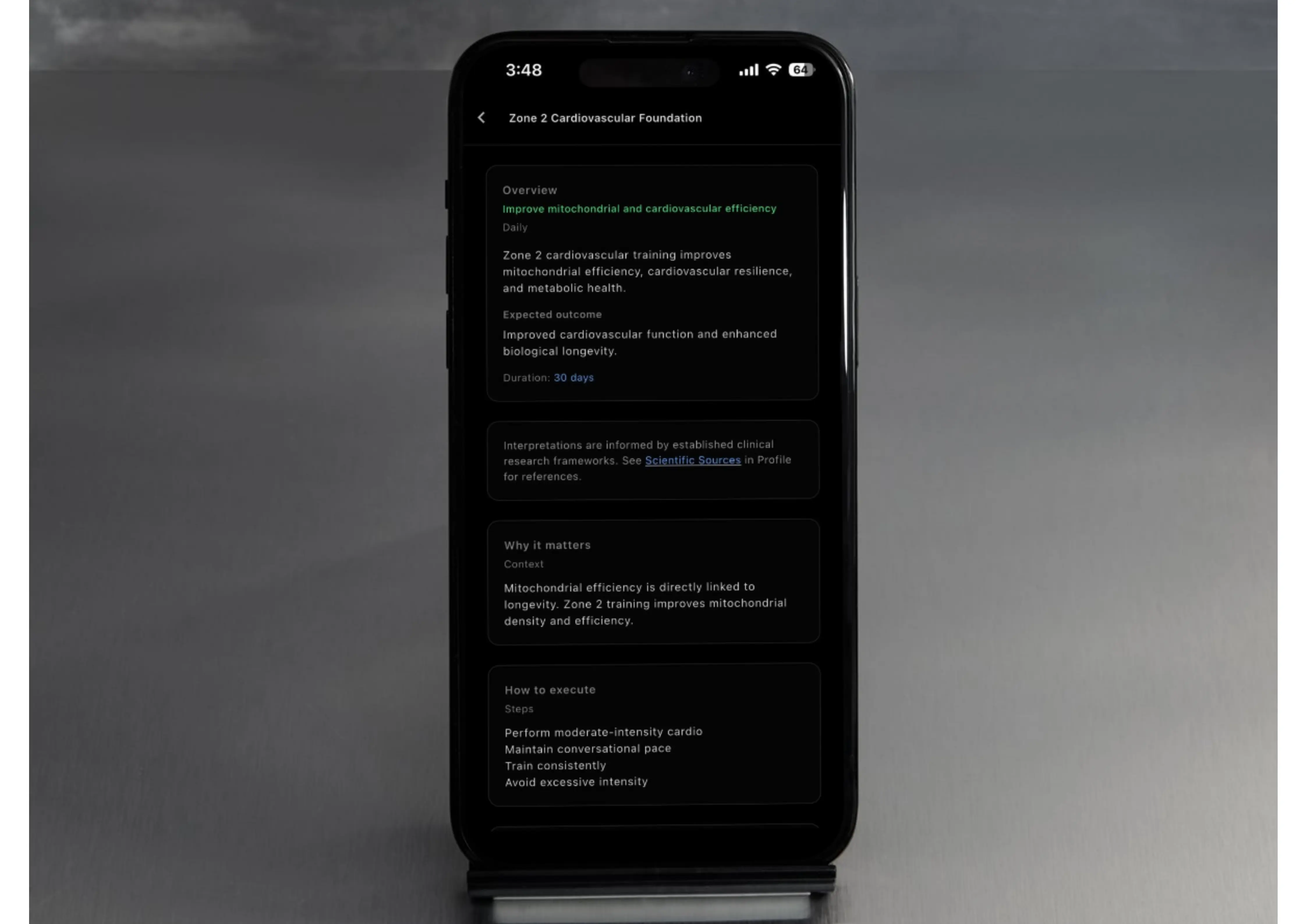 Personalized longevity protocol with ranked next actions.